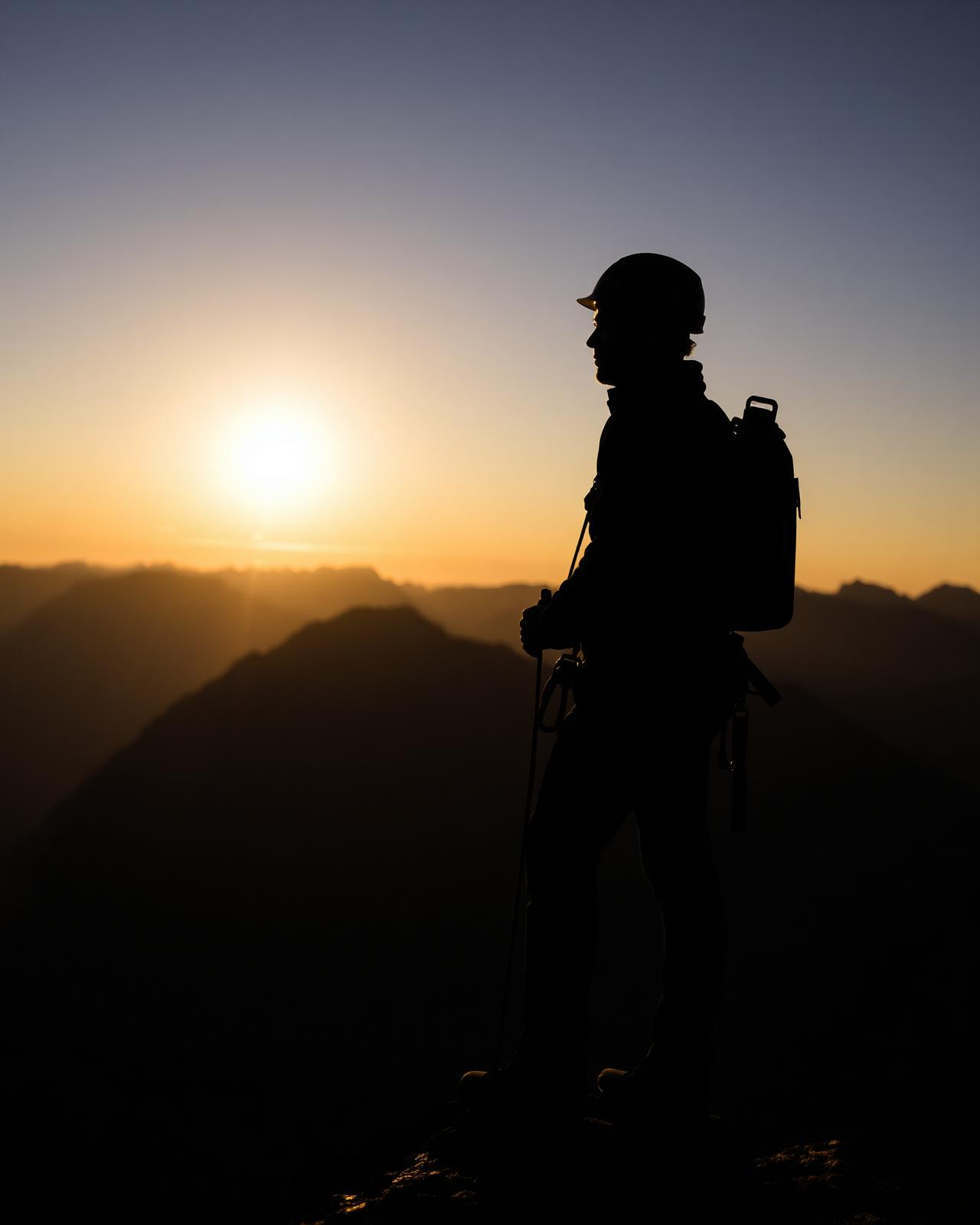 Silhouette of a technician at a mountain ridge at dawn